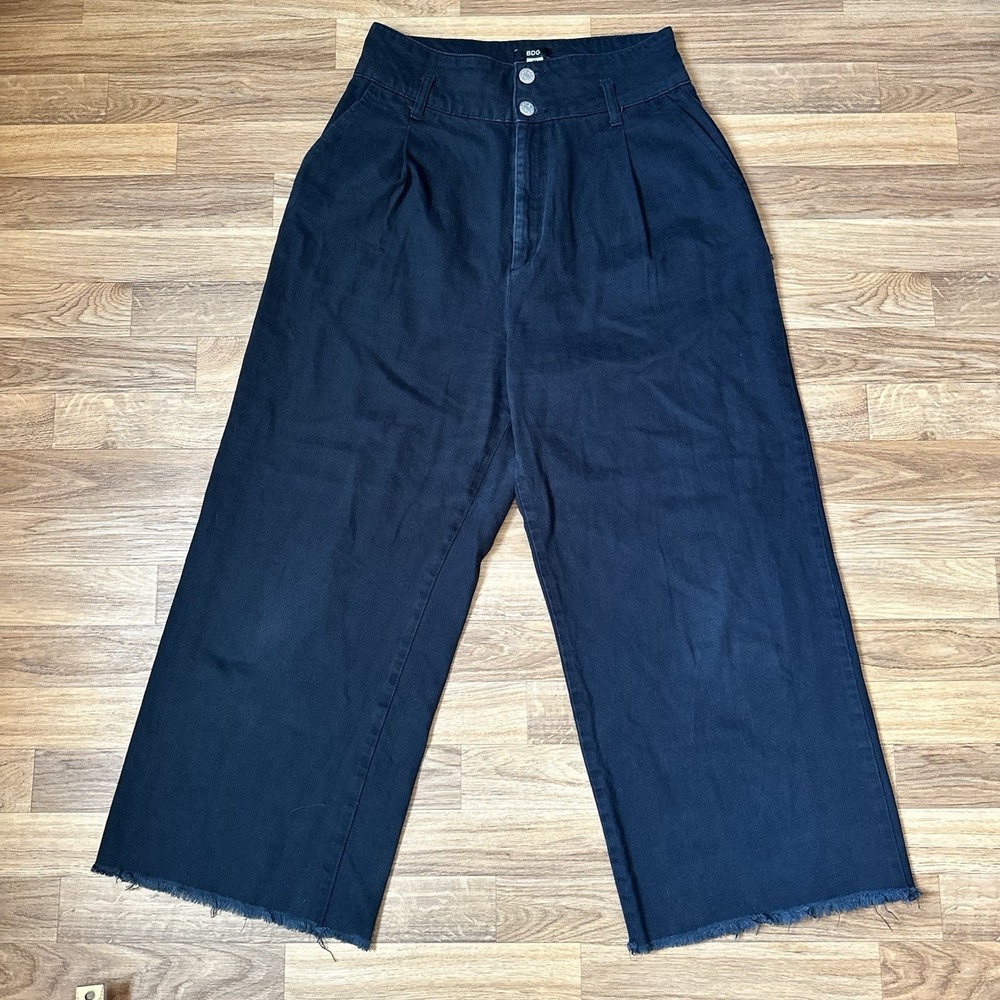 BDG Womens Pleated Wide Leg Jeans Sz 10 Black High Rise Cropped Raw Hem Academia